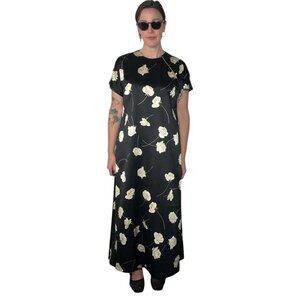 Natori Vintage 90s Satin Qipao Maxi Dress Oversized Floral Rose Print Black Med